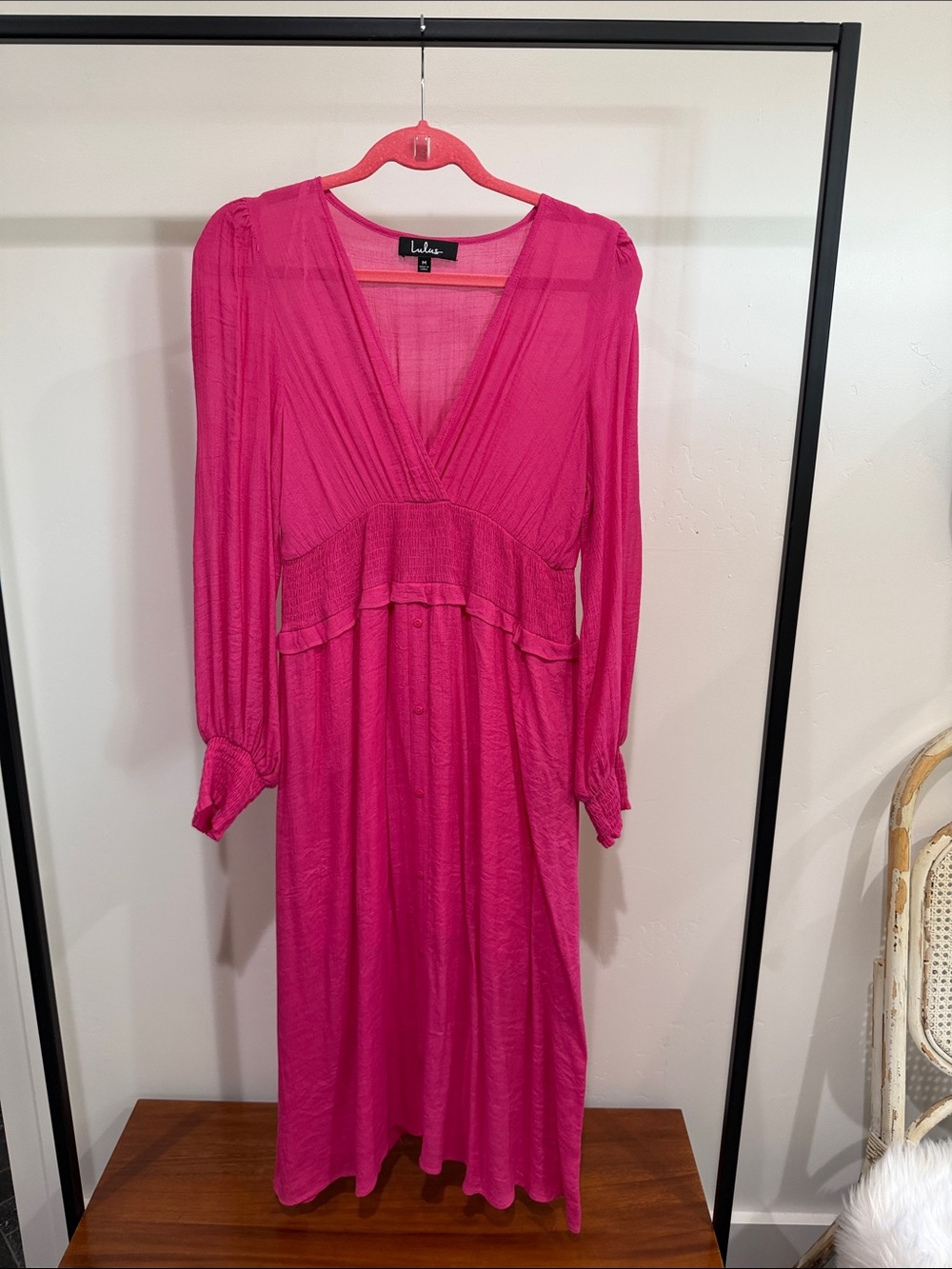 Lulu's Fuchsia Long Sleeve V-Neck Midi Dress
